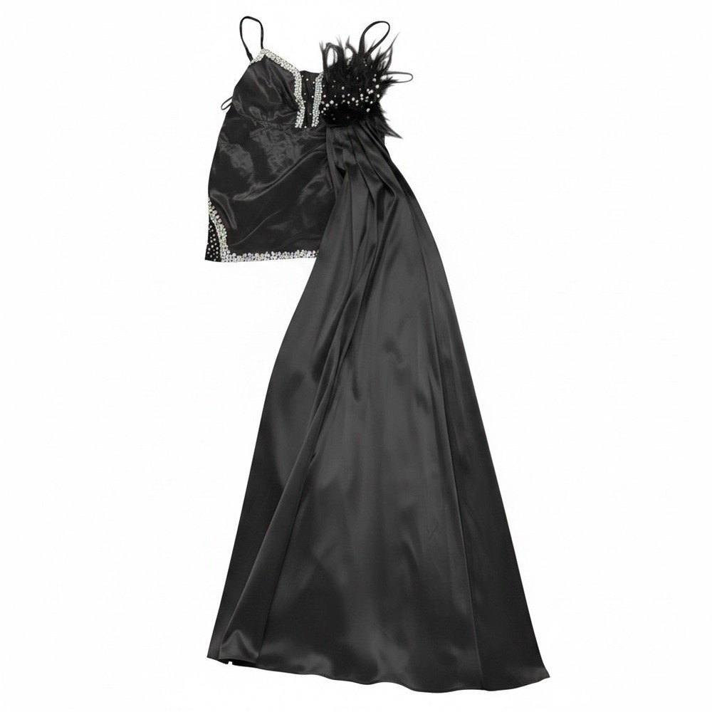 Banjul Black Satin Feather Rhinestone Evening Gown with long Black Train Large